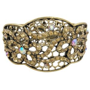 Fancy Daisy Flower Filigree Topaz Rhinestone Wide Gold Hinged Bangle Bracelet